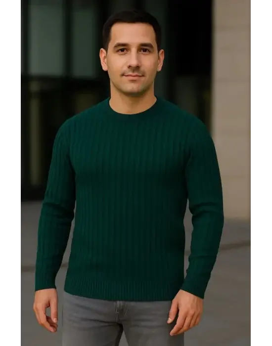 Erkek Fitilli Triko Kazak 2’li Set Siyah Haki Kalın Dokuma Pamuklu Regular Fit Bisiklet