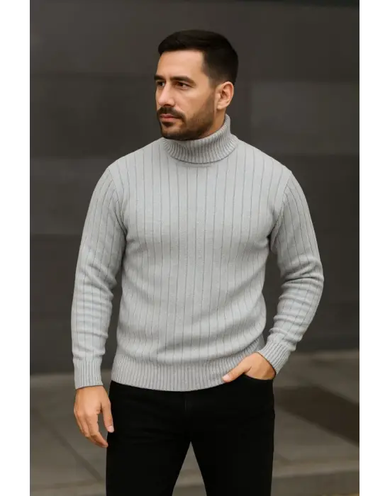 Erkek Fitilli Triko Kazak 3lÜ Set Gri Haki Siyah Regular Balıkcı Yaka Tam Boğazlı Triko Seti Modeli Kazak