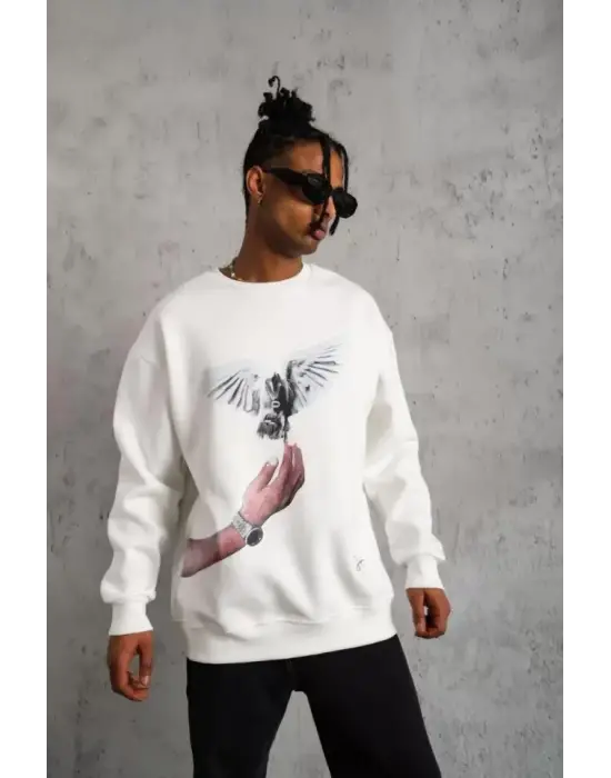 Erkek Güvercin Baskılı Sweatshirt - Beyaz