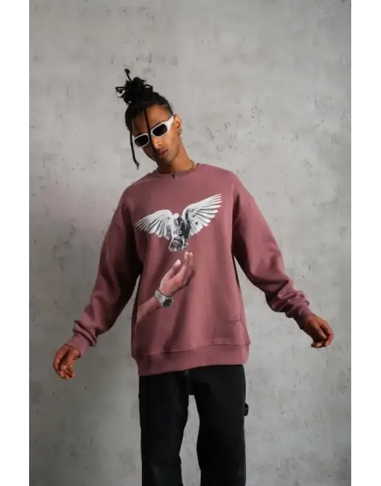 Erkek Güvercin Baskılı Sweatshirt - Gül Kurusu