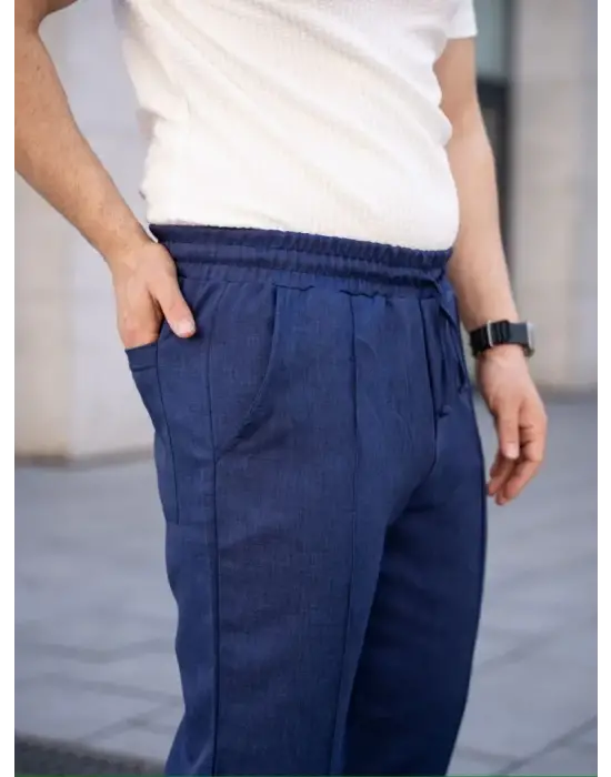Erkek Keten Cepli Çıma Dikişli Jogger Buggy Pantalon Rahat Kalıp - Lacivert