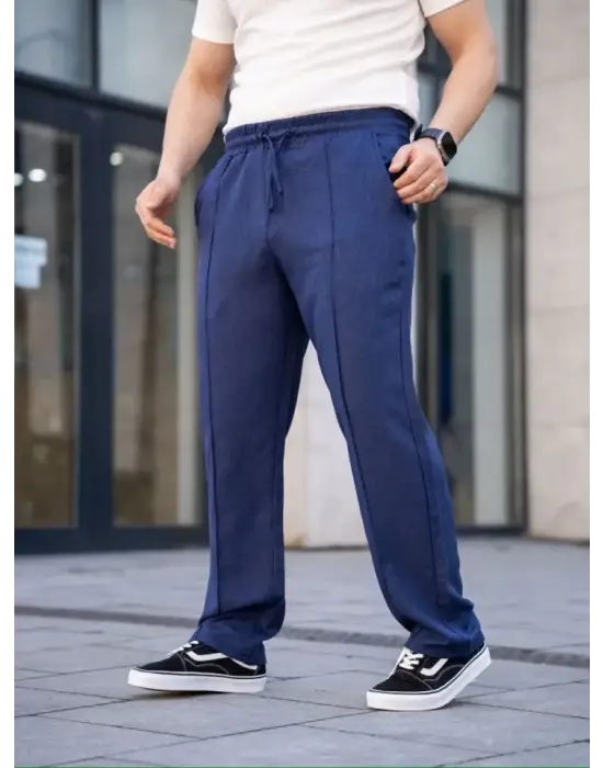 Erkek Keten Cepli Çıma Dikişli Jogger Buggy Pantalon Rahat Kalıp - Lacivert