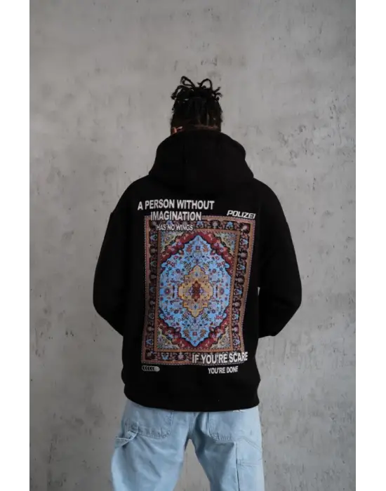 Erkek Kilim Desen Kapüşonlu - Siyah