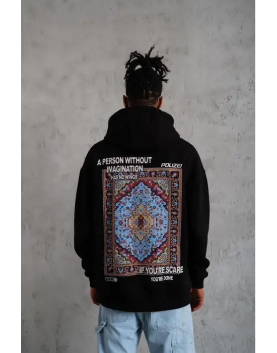 Erkek Kilim Desen Kapüşonlu - Siyah