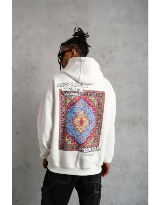 Erkek Kilim Desen Kapüşonlu Sweat- Beyaz