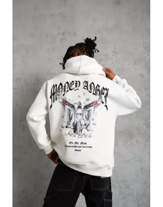 Erkek Kordon İpli Baskılı Kapüşonlu Sweatshirt - Beyaz