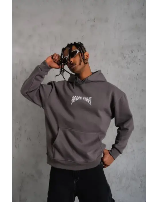 Erkek Kordon İpli Baskılı Kapüşonlu Sweatshirt - Füme