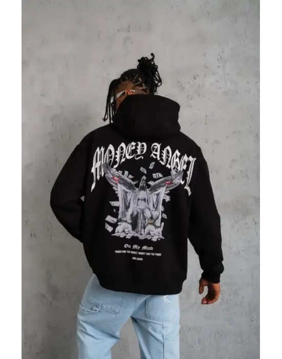 Erkek Kordon İpli Baskılı Kapüşonlu Sweatshirt - Siyah
