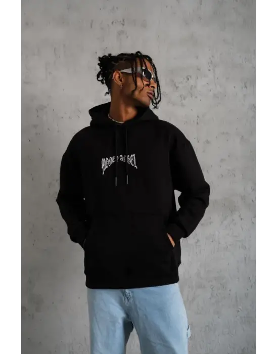 Erkek Kordon İpli Baskılı Kapüşonlu Sweatshirt - Siyah