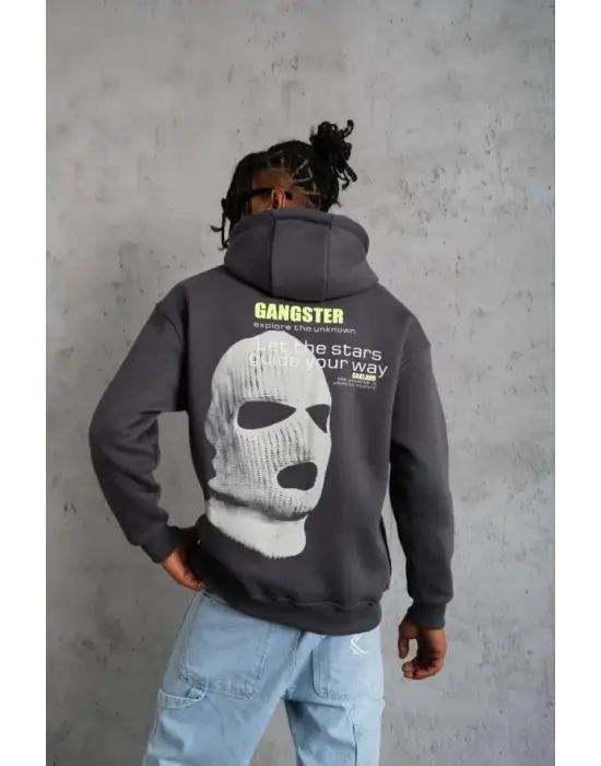Erkek Kordonlu Maske Baskılı Kapşonlu Sweat - Gri