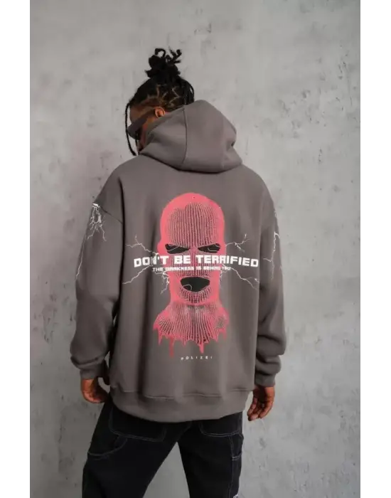 Erkek Maske Baskılı Kapüşonlu Sweat - Gri