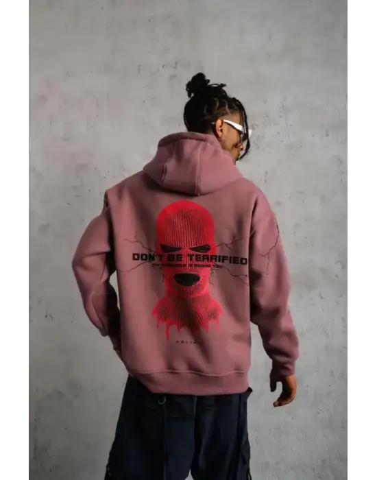 Erkek Maske Baskılı Kapüşonlu Sweat - Gül Kurusu