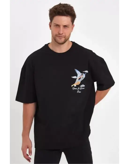 Erkek Melek Baskılı Oversize T-shirt - Siyah