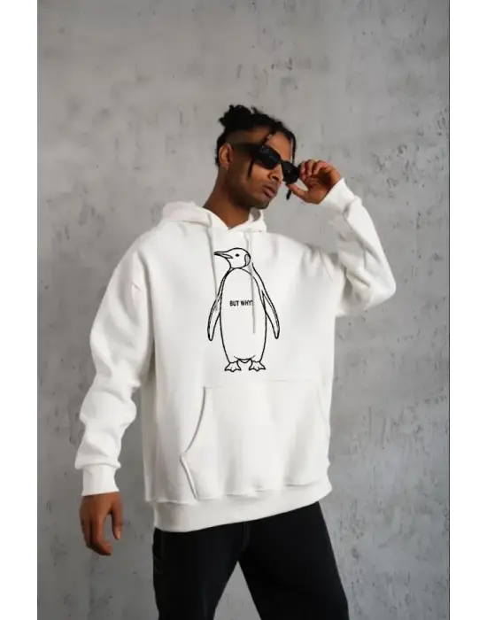 Erkek Nihilist Penguen Özel Tasarım Oversize Kapüşonlu Sweatshirt - Beyaz