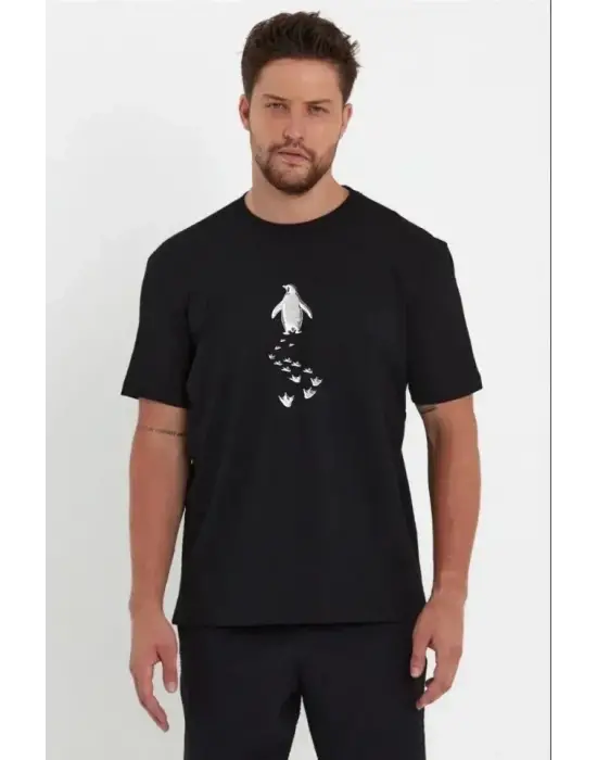 Erkek Nihilist Penguen Temalı Oversize Bisiklet Yaka Tişört - Siyah