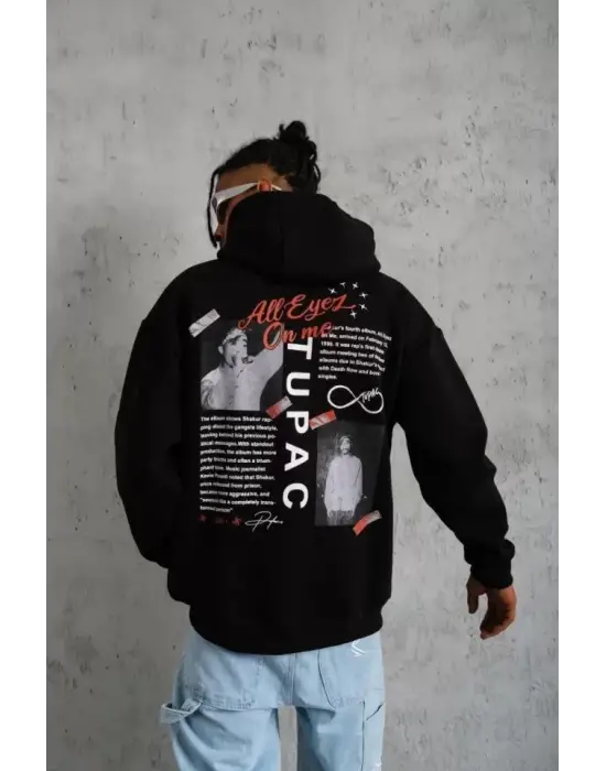 Erkek Ön Arka Baskılı Kapşonlu Sweat - Siyah