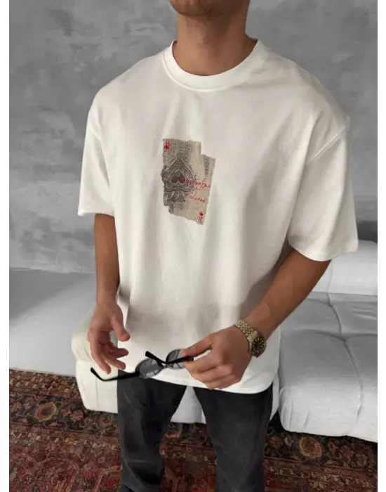 Erkek Ön Ve Arka Baskılı Oversize Bisiklet Yaka T-shirt - Beyaz