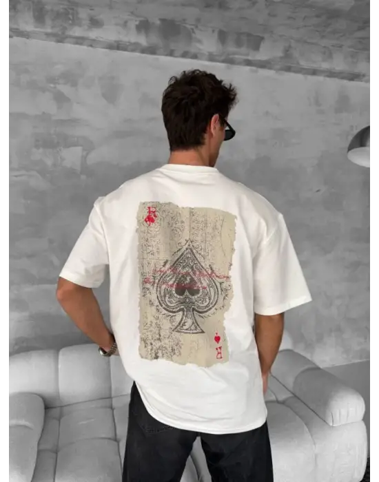 Erkek Ön Ve Arka Baskılı Oversize Bisiklet Yaka T-shirt - Beyaz