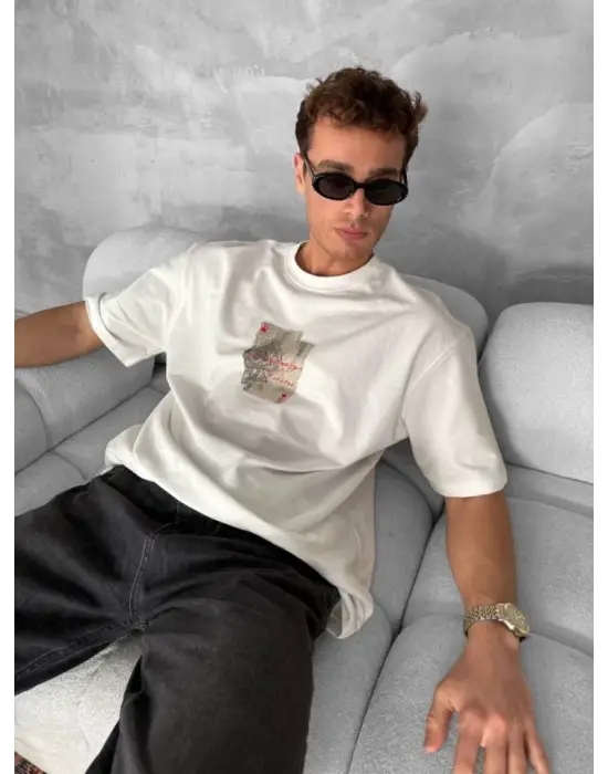 Erkek Ön Ve Arka Baskılı Oversize Bisiklet Yaka T-shirt - Beyaz