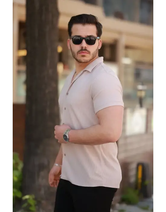 Erkek Ottoman Kumaş Apaj Yaka Kısa Kollu Gömlek