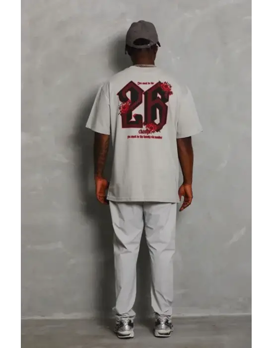 ERKEK Oversize Baskılı Bisiklet Yaka T-Shirt - Gri