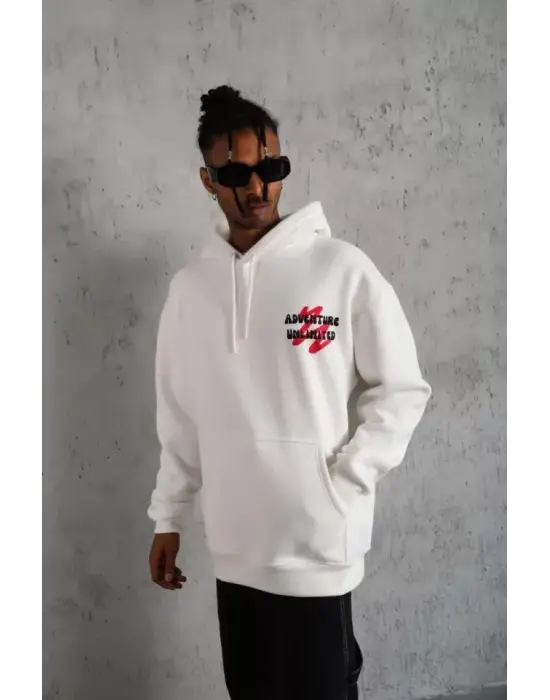 Erkek Şapkalı Güvercin Baskılı Kapşonlu Sweat - Beyaz