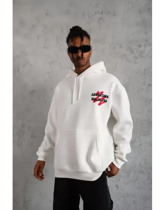 Erkek Şapkalı Güvercin Baskılı Kapşonlu Sweat - Beyaz
