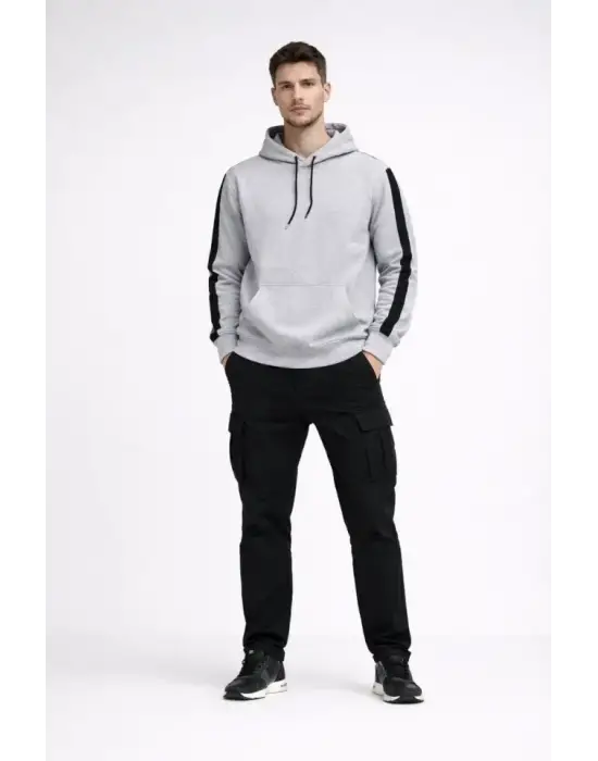 Erkek Şeritli Kapüşonlu Sweatshirt Oversize 3 Iplik Pamuklu - Beyaz
