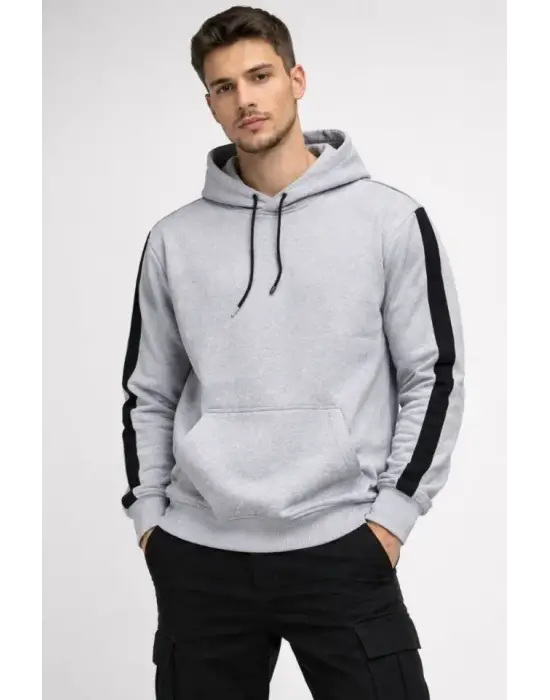 Erkek Şeritli Kapüşonlu Sweatshirt Oversize 3 Iplik Pamuklu - Beyaz