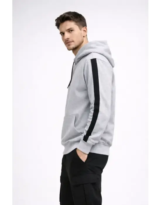 Erkek Şeritli Kapüşonlu Sweatshirt Oversize 3 Iplik Pamuklu - Beyaz