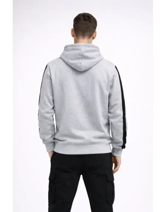 Erkek Şeritli Kapüşonlu Sweatshirt Oversize 3 Iplik Pamuklu - Beyaz