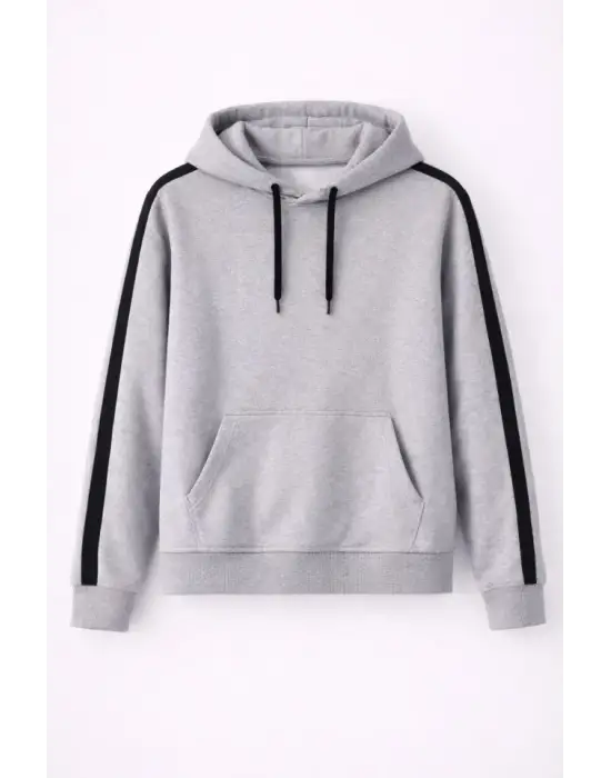 Erkek Şeritli Kapüşonlu Sweatshirt Oversize 3 Iplik Pamuklu - Gri