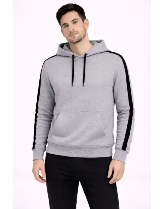 Erkek Şeritli Kapüşonlu Sweatshirt Oversize 3 Iplik Pamuklu - Gri