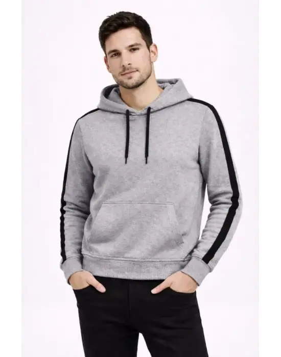 Erkek Şeritli Kapüşonlu Sweatshirt Oversize 3 Iplik Pamuklu - Gri
