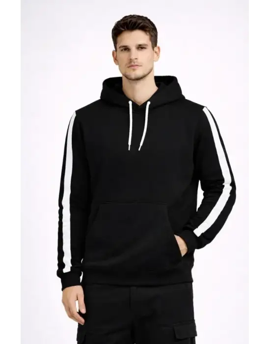 Erkek Şeritli Kapüşonlu Sweatshirt Oversize 3 Iplik Pamuklu - Siyah