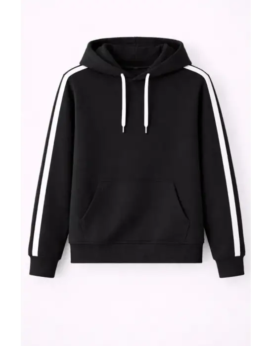 Erkek Şeritli Kapüşonlu Sweatshirt Oversize 3 Iplik Pamuklu - Siyah