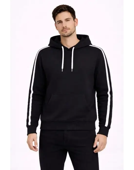Erkek Şeritli Kapüşonlu Sweatshirt Oversize 3 Iplik Pamuklu - Siyah