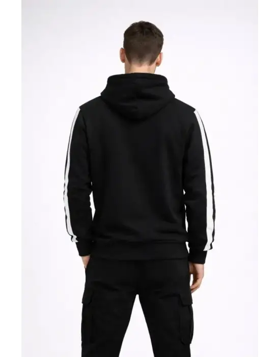 Erkek Şeritli Kapüşonlu Sweatshirt Oversize 3 Iplik Pamuklu - Siyah