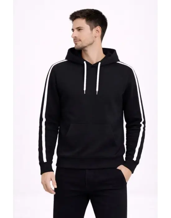 Erkek Şeritli Kapüşonlu Sweatshirt Oversize 3 Iplik Pamuklu - Siyah