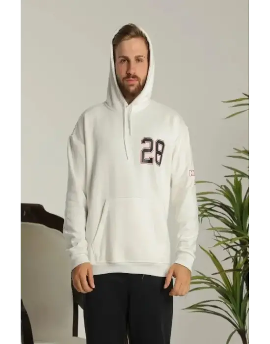 Erkek Sırt Baskılı Oversize Üç İplik Kapüşonlu Sweatshirt - Beyaz