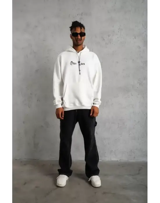 Erkek Sırt Baskılı Oversize Üç İplik Kapüşonlu Sweatshirt - Beyaz