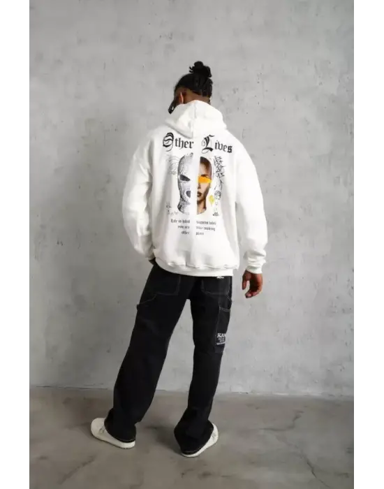 Erkek Sırt Baskılı Oversize Üç İplik Kapüşonlu Sweatshirt - Beyaz