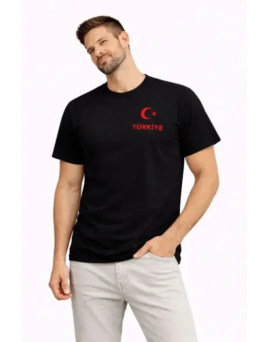 Erkek TÜRKİYE Ay Yıldız Baskılı Taraftar Forma T-Shirt - Siyah