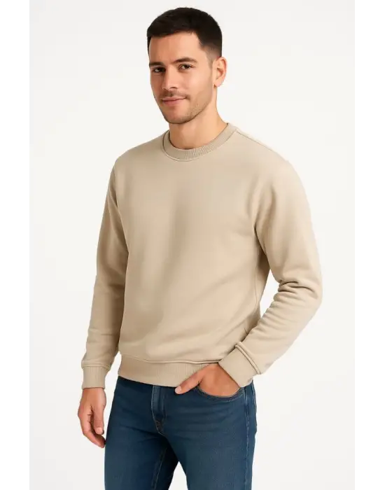 Erkek Üç İplik Düz Bisiklet Yaka SweatShirt - Bej