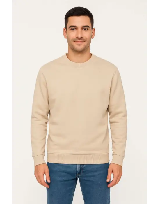 Erkek Üç İplik Düz Bisiklet Yaka SweatShirt - Bej