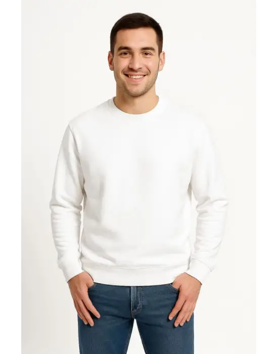 Erkek Üç İplik Düz Bisiklet Yaka SweatShirt - Beyaz