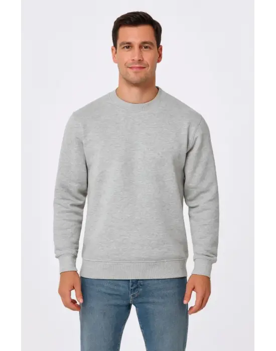 Erkek Üç İplik Düz Bisiklet Yaka SweatShirt - Gri