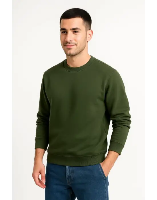 Erkek Üç İplik Düz Bisiklet Yaka SweatShirt - Haki