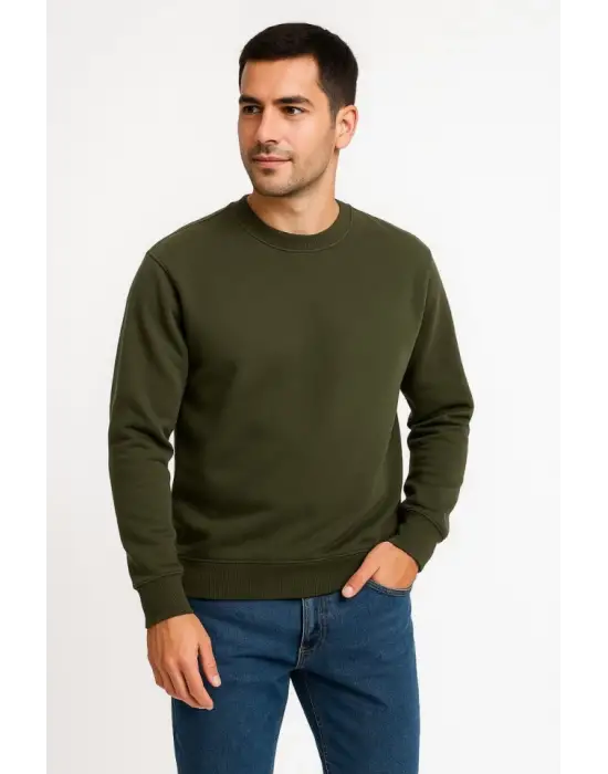Erkek Üç İplik Düz Bisiklet Yaka SweatShirt - Haki