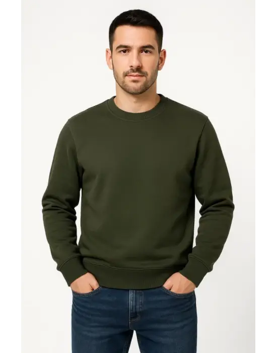 Erkek Üç İplik Düz Bisiklet Yaka SweatShirt - Haki